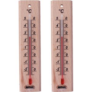 Amig Thermometer binnen/buiten - 2x - hout - bruin - 14 x 3 cm