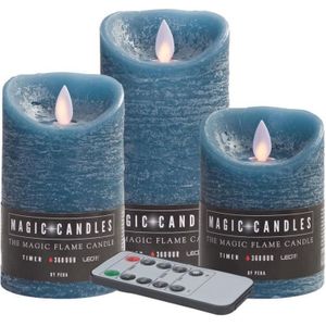 Kaarsen set van 3x Stuks Led Stompkaarsen Jeans Blauw met Afstandsbediening - Woondecoratie