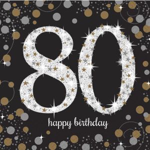 48x stuks 80 jaar verjaardag feest servetten zwart met confetti print 33 x 33 cm - Wegwerp servetjes