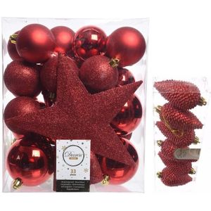 Kerstversiering kunststof kerstballen en hangers rood 5-6-8 cm pakket van 39x stuks - Met ster vorm piek van 19 cm