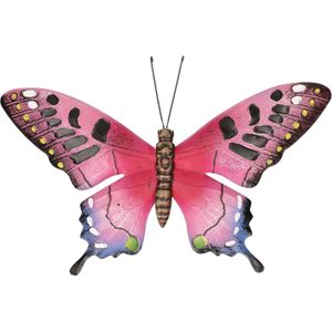 Tuindecoratie vlinder van metaal roze/zwart 37 cm - Metalen schutting decoratie vlinders - Dierenbeelden tuindecoratie
