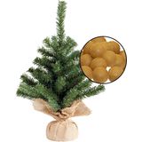 Mini kunst kerstboom groen - met verlichting bollen okergeel - H45 cm