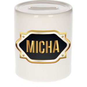 Micha naam cadeau spaarpot met gouden embleem - kado verjaardag/ vaderdag/ pensioen/ geslaagd/ bedankt