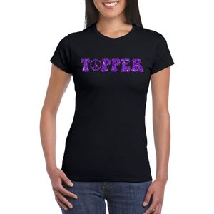 Toppers Zwart Flower Power t-shirt Topper met paarse letters dames - Sixties/jaren 60 kleding