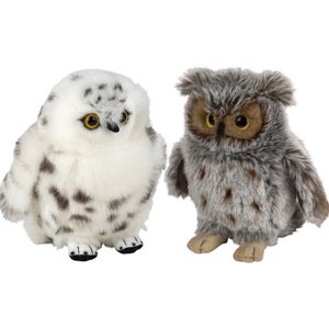 Nature Planet - Pluche uilen knuffels - 2x - Oehoe/Sneeuwuil - 18 cm