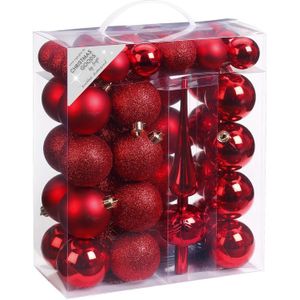 47x Rode kunststof kerstballen 4-6 cm mat/glans met piek - mat/glans - Kerstboomversiering rood