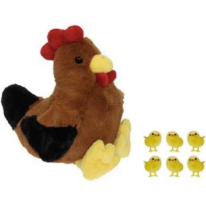 Pluche bruine kippen/hanen knuffel van 25 cm met 6x stuks mini kuikentjes 3,5 cm - Paas/pasen decoratie