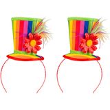 Boland Carnaval verkleed mini hoge hoed voor diverse thema's - 2x - multi colour - ornamenten - diadeem - dames - clown
