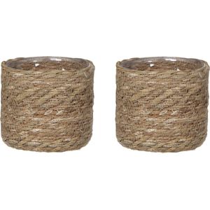 2x stuks naturel bruin rotan planten/bloemen pot mand van gedraaid jute/riet/zeegras H14 en D14 cm - Met plastic binnenkant