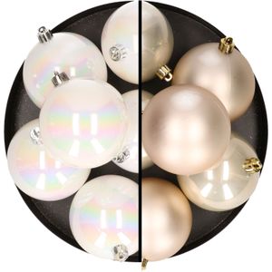 12x stuks kunststof kerstballen 8 cm mix van parelmoer wit en champagne - Kerstversiering