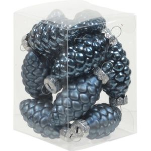 12x Dennenappel kersthangers/kerstballen donkerblauw van glas - 6 cm - mat/glans - Kerstboomversiering