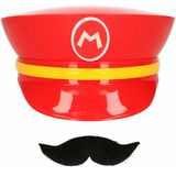 Game verkleed set pet en snor - loodgieter Mario - rood - unisex - carnaval/themafeest outfit