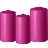 Set van 3x stuks fuchsia roze stompkaarsen 10-12-15 cm met diameter 6 cm - Sfeer kaarsen voor binnen