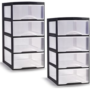 Plasticforte ladeblokje/bureau organizer - 2x - 4 lades - transparant/zwart - L18 x B25 x H33 cm