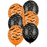 Set van 24x Halloween ballonnen vleermuis print zwart en oranje - Halloween thema feest versiering