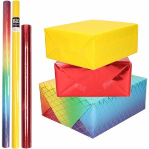 9x Rollen kraft inpakpapier regenboog pakket - regenboog/metallic rood/geel 200 x 70/50 cm - cadeau/verzendpapier