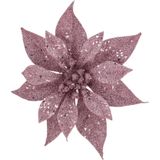10x stuks decoratie bloemen kerststerren roze glitter op clip 18 cm - Decoratiebloemen/kerstboomversiering/kerstversiering
