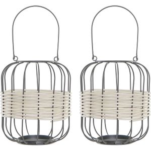 Set van 2x stuks metalen rotan theelichthouders / lantaarns wit 23 cm - Waxinelichtjeshouder - Windlicht