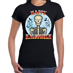 Happy Halloween verkleed t-shirt zwart voor dames - horror skelet/vleermuizen shirt / kleding / kostuum