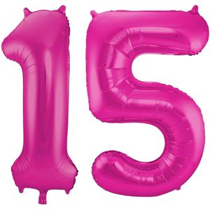 Cijfer ballonnen - Verjaardag versiering 15 jaar - 85 cm - roze
