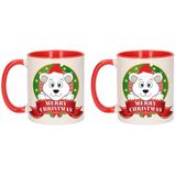 Set van 2x stuks kerst bekers / mokken - rood met wit - 300 ml keramiek - Ijsbeer print