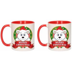 Set van 2x stuks kerst bekers / mokken - rood met wit - 300 ml keramiek - Ijsbeer print