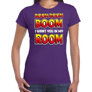 Bellatio Decorations Foute party t-shirt dames - Boom boom boom i want you in my room - paars -carnaval