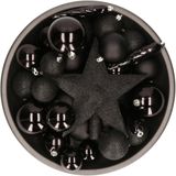 33x stuks kunststof kerstballen met piek 5-6-8 cm zwart incl. haakjes - Kerstversiering