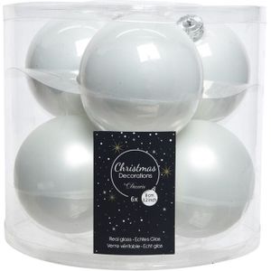 6x Winter witte glazen kerstballen 8 cm - glans en mat - Glans/glanzende - Kerstboomversiering winter wit