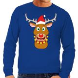 Foute kersttrui / sweater met Rudolf het rendier met rode kerstmuts blauw voor heren - Kersttruien