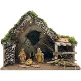 Complete houten kerststal inclusief Jozef, Maria en Jezus beelden en ondergrond - Kerststalletjes