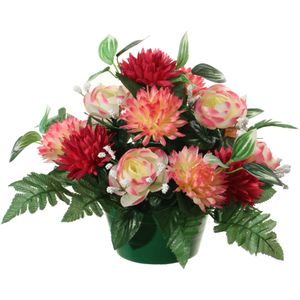 Louis Maes Kunstbloemen plantje in pot - multi kleuren - 25 cm - Bloemstuk ornament - ranonkels/asters met bladgroen