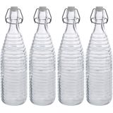 4x Glazen flessen transparant strepen met beugeldop 1000 ml - Keukenbenodigdheden - Woondecoratie - Tafel dekken - Koude dranken serveren/bewaren - Olie/azijn flessen - Decoratie flessen