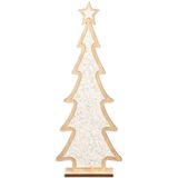 2x stuks kerstdecoratie houten kerstboom glitter wit 35,5 cm  - Vensterbank kerstdecoratie houten kerstbomen