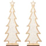 2x stuks kerstdecoratie houten kerstboom glitter wit 35,5 cm  - Vensterbank kerstdecoratie houten kerstbomen