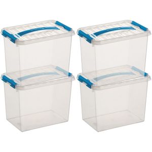 5x Sunware Q-Line opberg boxen/opbergdozen 9 liter 30 x 20 x 22 cm kunststof - Opslagbox - Opbergbak kunststof transparant/blauw