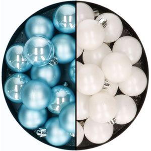 Decoris kerstballen 32x st - mix winter wit/ijsblauw - 4 cm - kunststof - kerstversiering