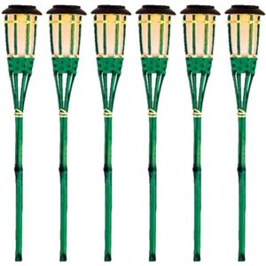 12x Groene buiten/tuin Led fakkel Bodi solar verlichting bamboe 54 cm vlam - Tuinfakkel - Tuinlampen - Lampen op zonne-energie