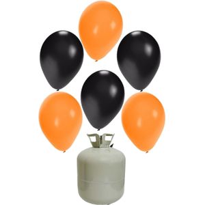 20x Helium ballonnen 27 cm zwart/oranje + helium tank/cilinder - Halloween/thema versiering