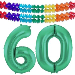 Folat folie ballonnen - Leeftijd cijfer 60 - glimmend groen - 86 cm - en 2x slingers