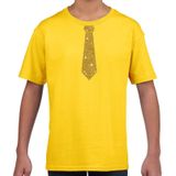 Geel fun t-shirt met stropdas in glitter goud kinderen - feest shirt voor kids