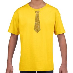 Geel fun t-shirt met stropdas in glitter goud kinderen - feest shirt voor kids