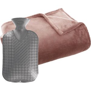 Fleece deken/plaid Oud Roze 130 x 180 cm en een warmwater kruik 2 liter