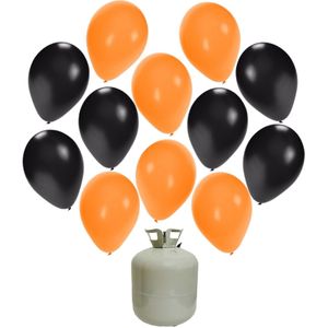 50x Helium ballonnen 27 cm zwart/oranje + helium tank/cilinder - Halloween/thema versiering