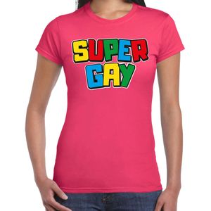 Bellatio Decorations Gay Pride T-shirt voor dames - super gay - fuchsia - pride - regenboog - LHBTI