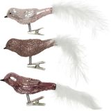 3x stuks glazen decoratie vogels op clip roze tinten 8 cm - Decoratievogeltjes - Kerstboomversiering