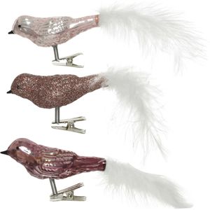 3x stuks glazen decoratie vogels op clip roze tinten 8 cm - Decoratievogeltjes - Kerstboomversiering