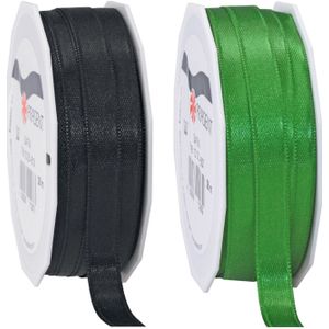 2x rollen satijn sierlint/cadeaulint - zwart en groen - 1 cm x 25m