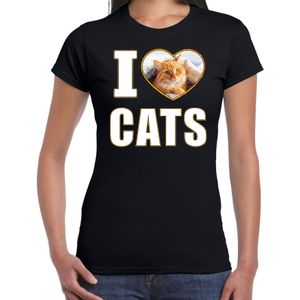 I love cats t-shirt met dieren foto van een rode kat zwart voor dames - cadeau shirt katten liefhebber