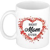 Best mom ever mok / beker wit met hartjes - cadeau Moederdag / verjaardag